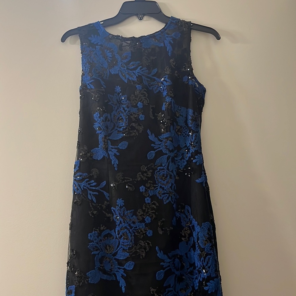 Long blue and black beaded dress. I am 5’2 and it’s ankle length.